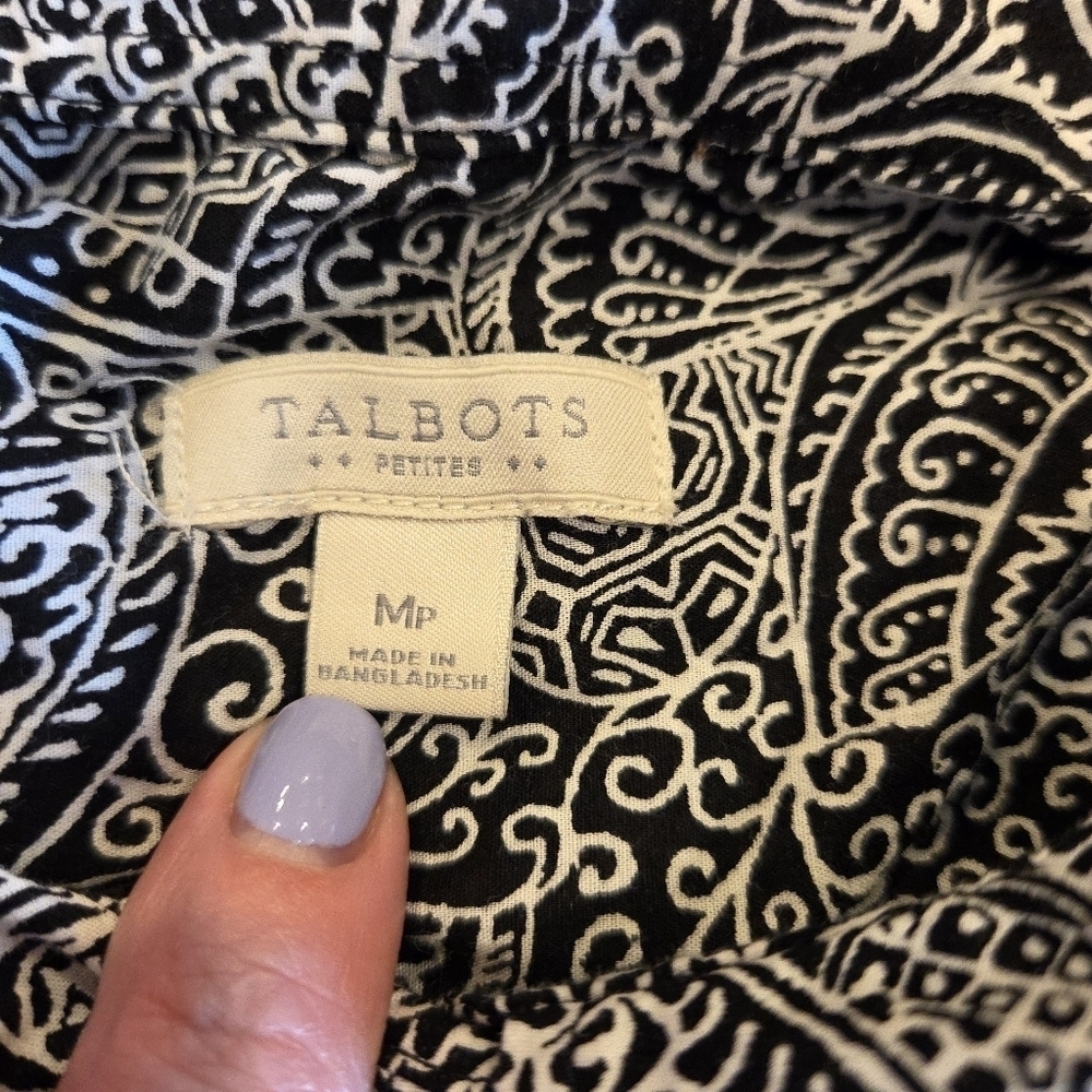 Talbots Paisley Long Sleeve Button Shirt Medium Petitie Black/White - Picture 3 of 14